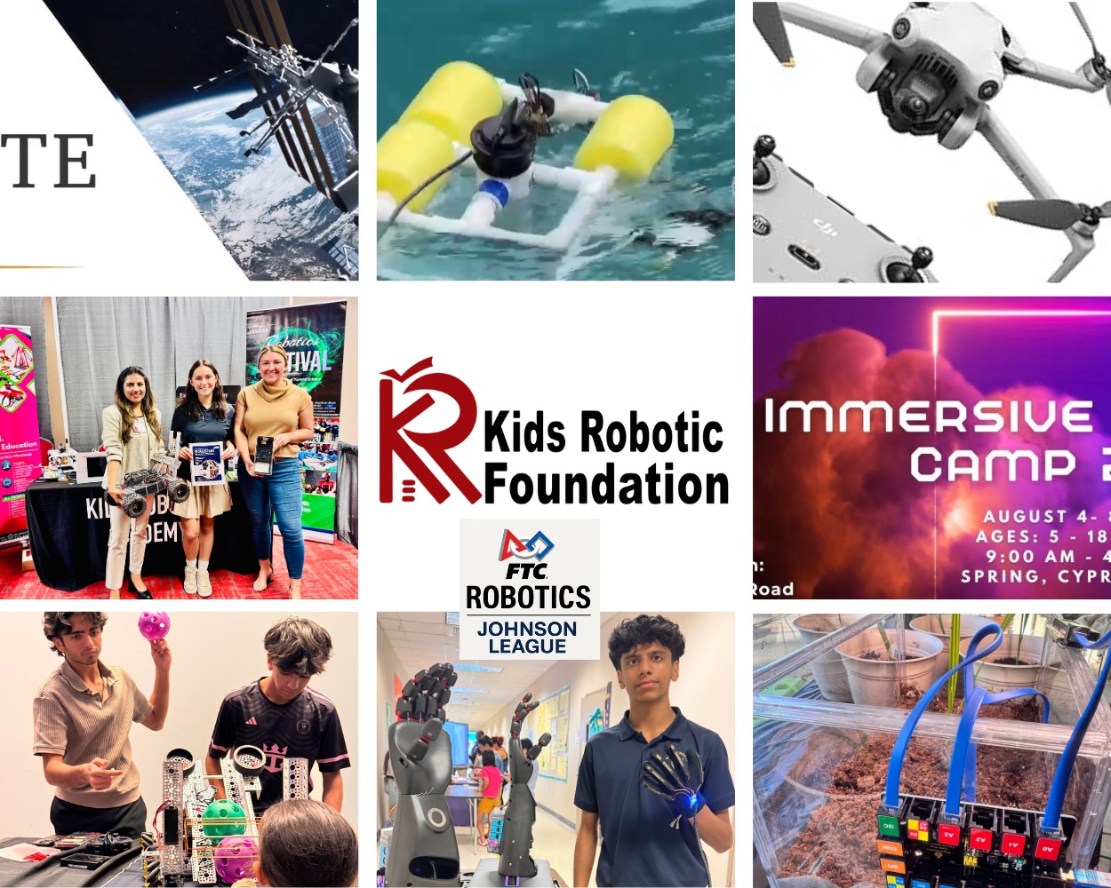 Kids Robotic Foundation collage of programs across space, underwater robotics, drones, competitions, camps, and research